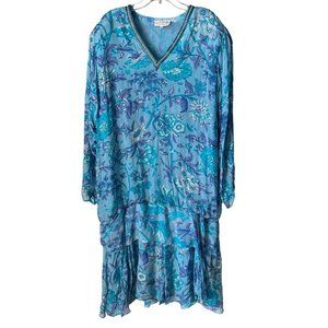 Vintage Judith Ann Plus Blue Beaded‎ Sequined Silk Formal Dress Womens 2X XXL 20